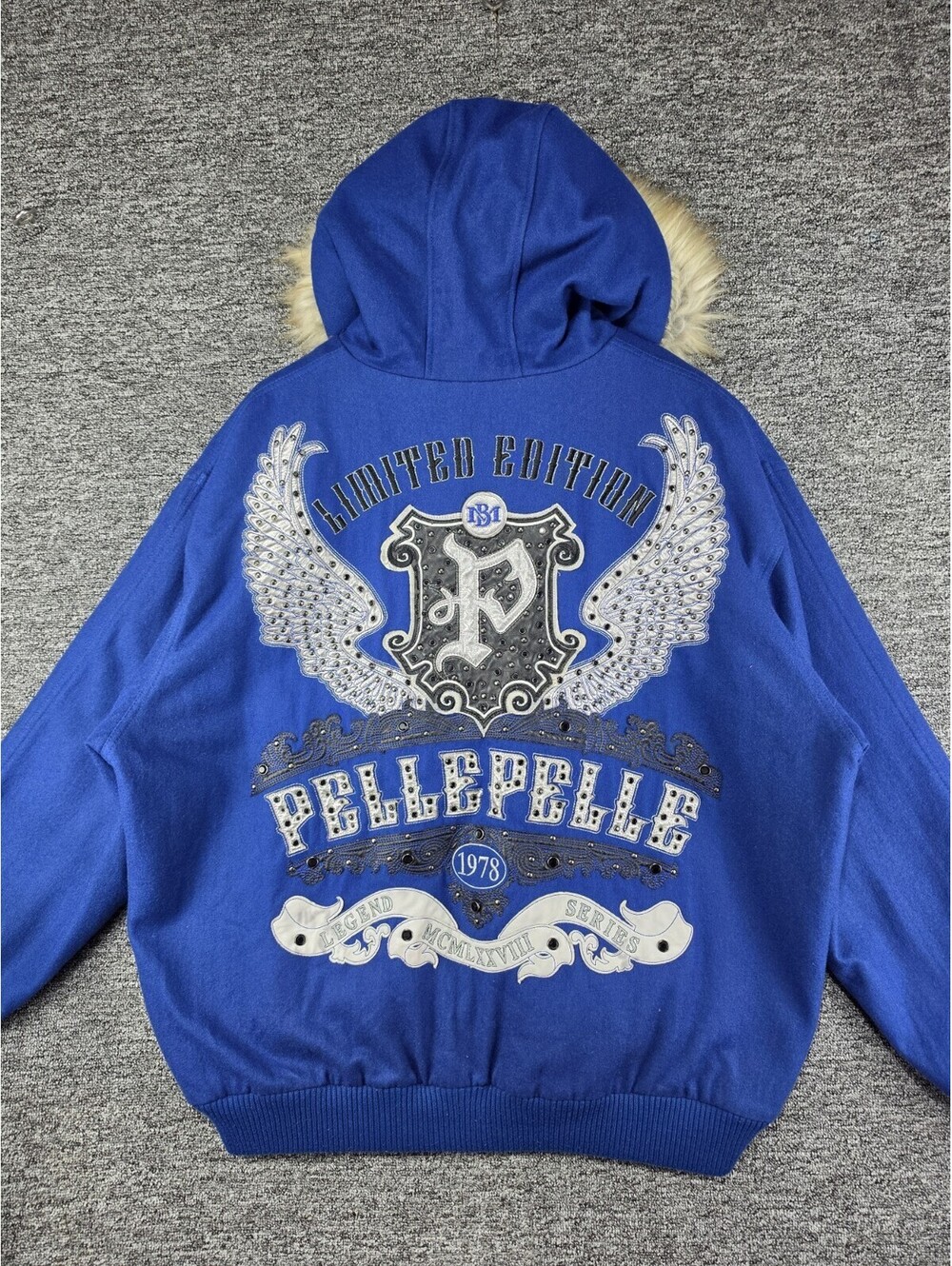Pelle Pelle Men's Blue Hooded Bomber Jacket Full Zip Faux Fur Trim Pockets 5XL